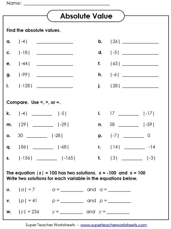 Absolute Value Worksheets Absolute Value Equations Absolute Value