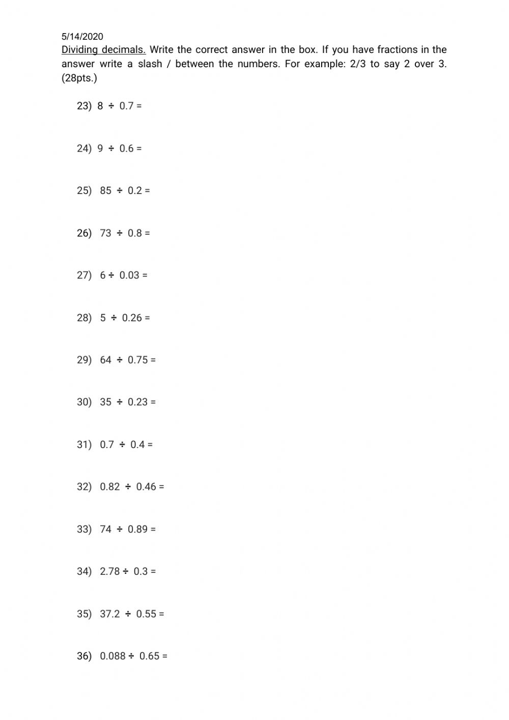 Dividing Fractions Multiplying And Dividing Decimals Worksheet