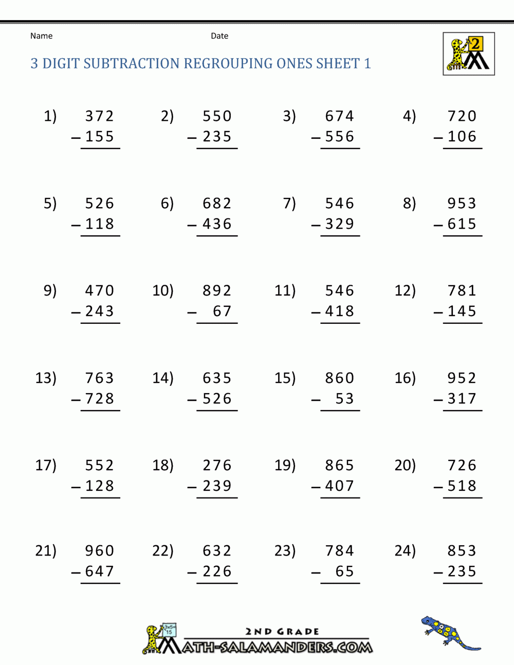 Double Digit Subtraction With Regrouping Pdf 2 Digit Borrow 