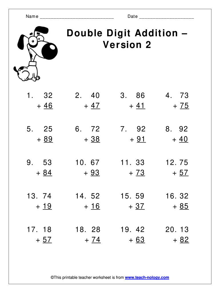 Fillable Online Double Digit Addition Worksheet Version 2 Addition 