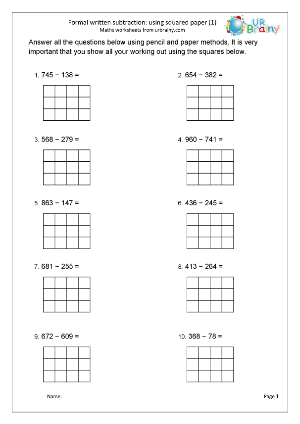 Formal Subtraction With Squared Paper Subtraction Maths Worksheets