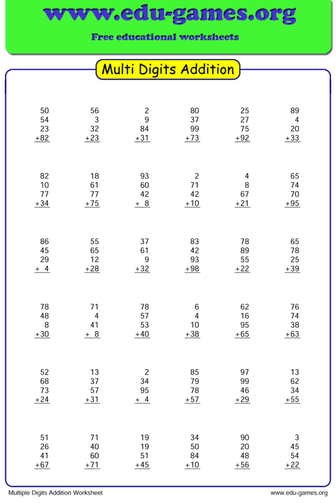 Multi Digits Addition Worksheet Generator Free Printable Worksheets