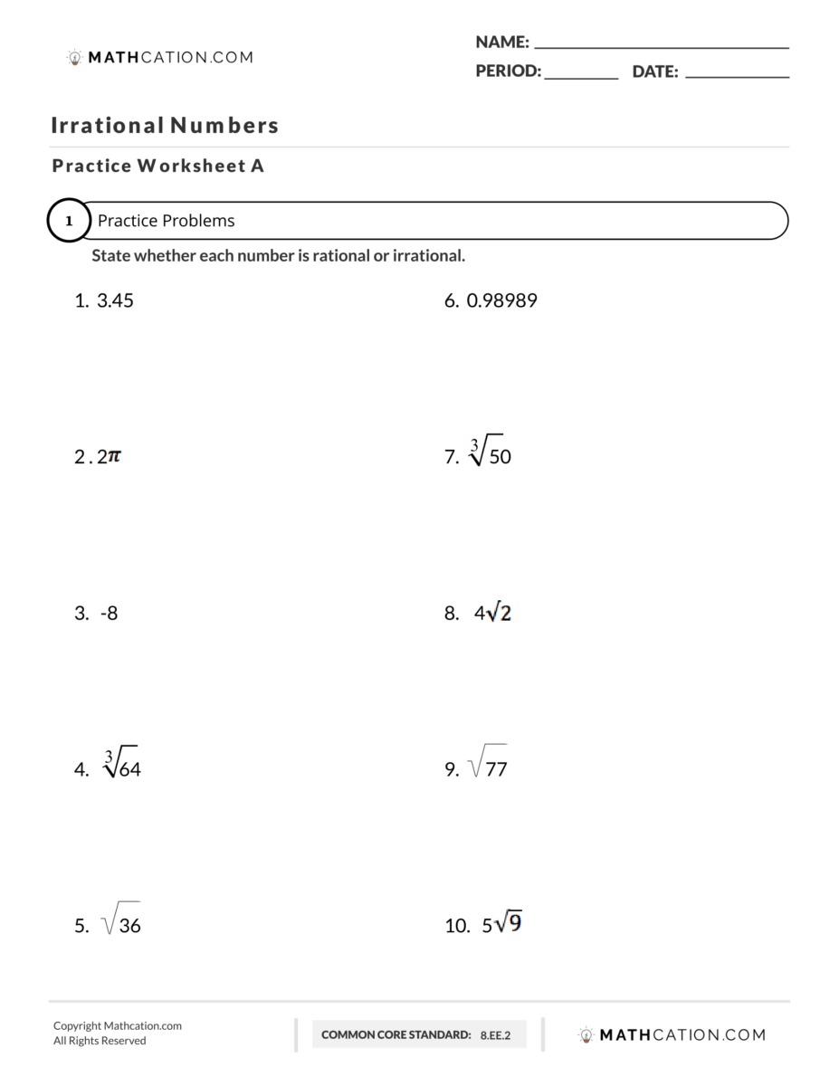 Rational And Irrational Numbers Worksheet Mathcation Rational And Irrational Numbers Worksheet Mathcation
