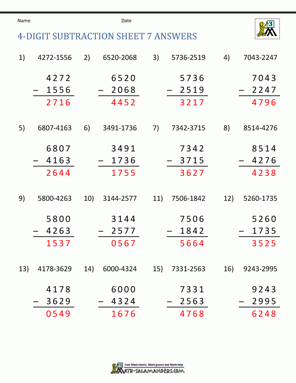 Subtracting 4 Digit Numbers With Regrouping Worksheets Worksheets 