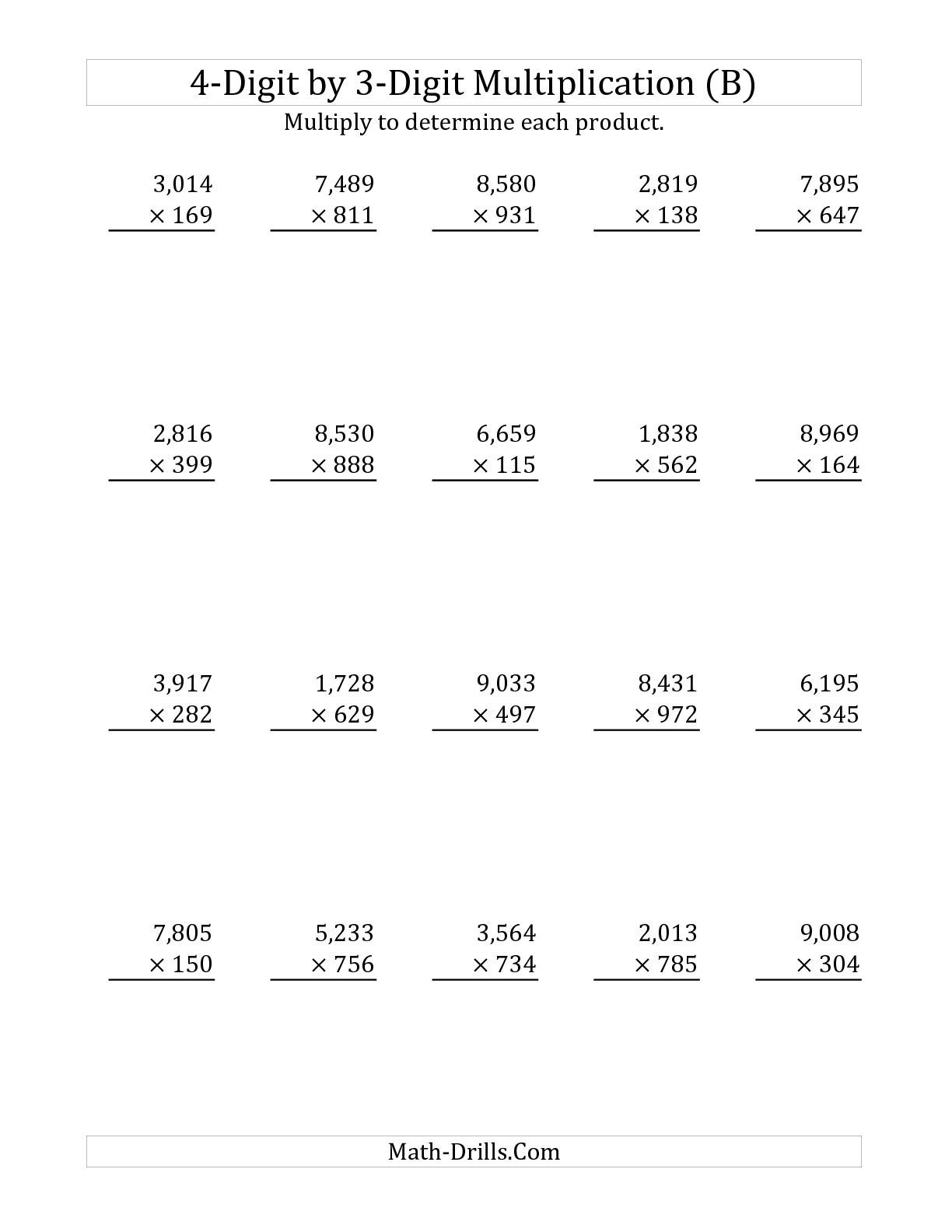 The 4 Digit By 3 Digit Multiplication B Long Multiplication Worksheet The 4 Digit By 3 Digit Multiplication B Long Multiplication Worksheet