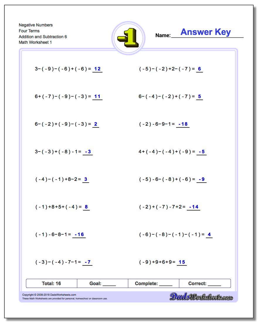 Adding And Subtracting Negative Numbers Worksheets