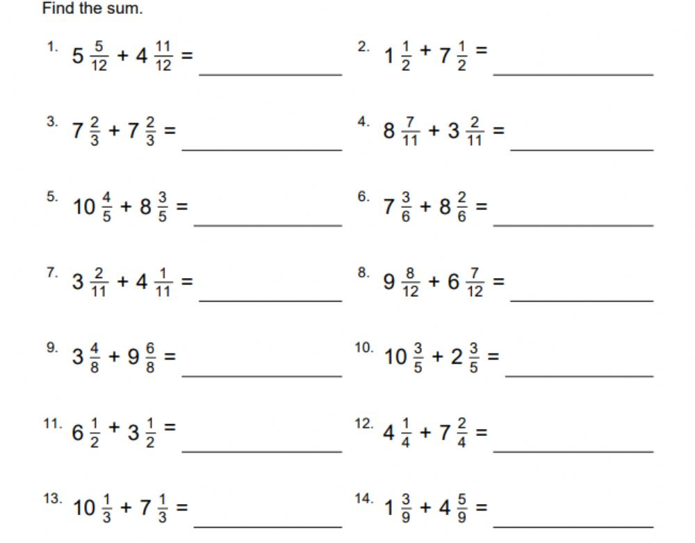 Adding Mixed Numbers With Same Denominator Worksheet