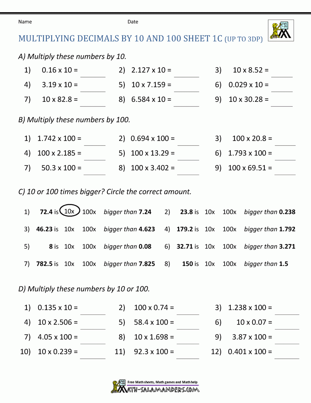 Multiplying Decimals By 10 100 Multiplying Decimals By 10 100