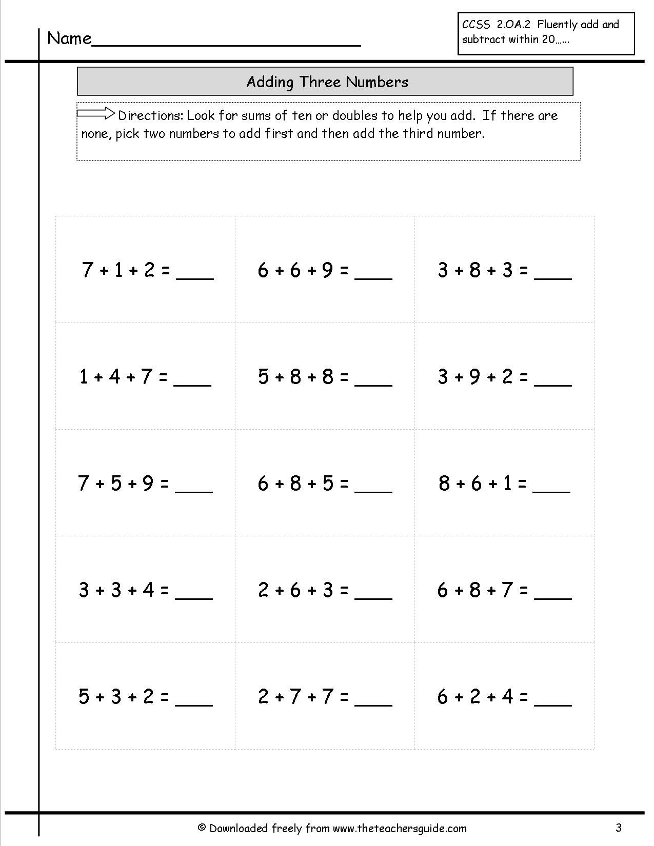 Number 3 Worksheets Adding Three Single Digits Additon Worksheet 2