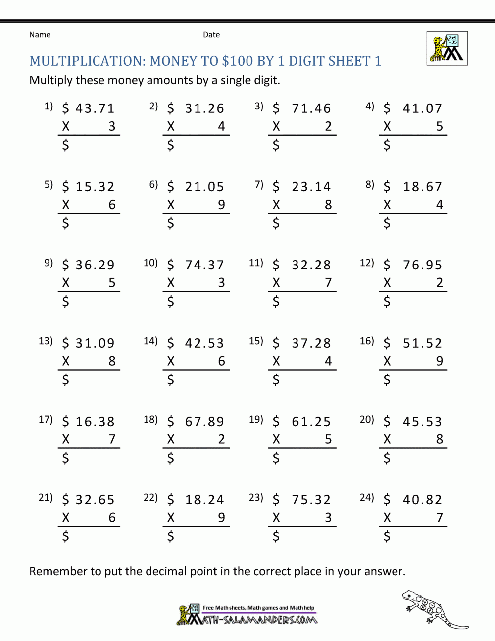 Printable Math Sheets Multiplication 4 Digits Money By 1 Digit 1 Printable Math Sheets Multiplication 4 Digits Money By 1 Digit 1