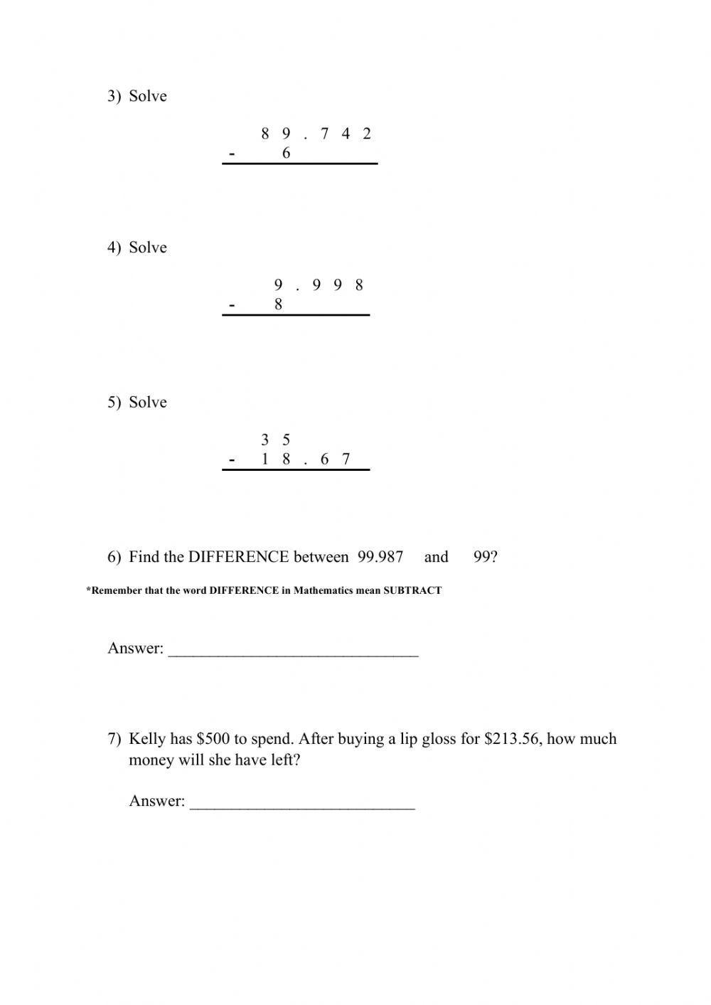 Subtraction Of Decimals Decimal And Whole Number Worksheet