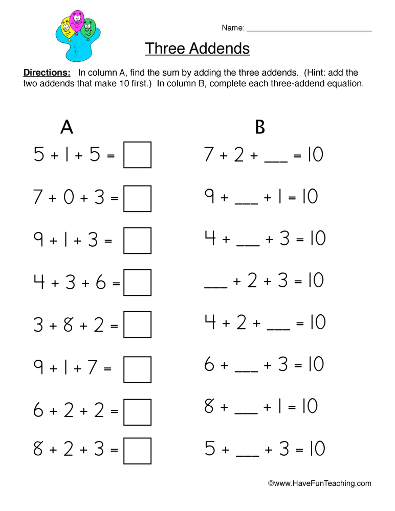 Three Addends Worksheet 1