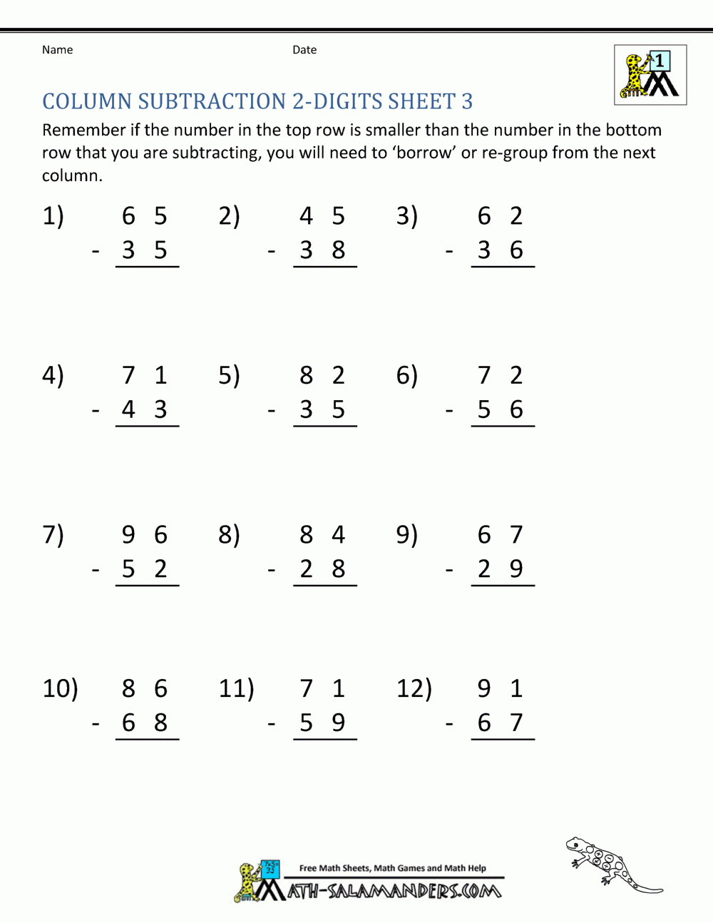 2 2 Digit Subtraction With Regrouping Template Printable