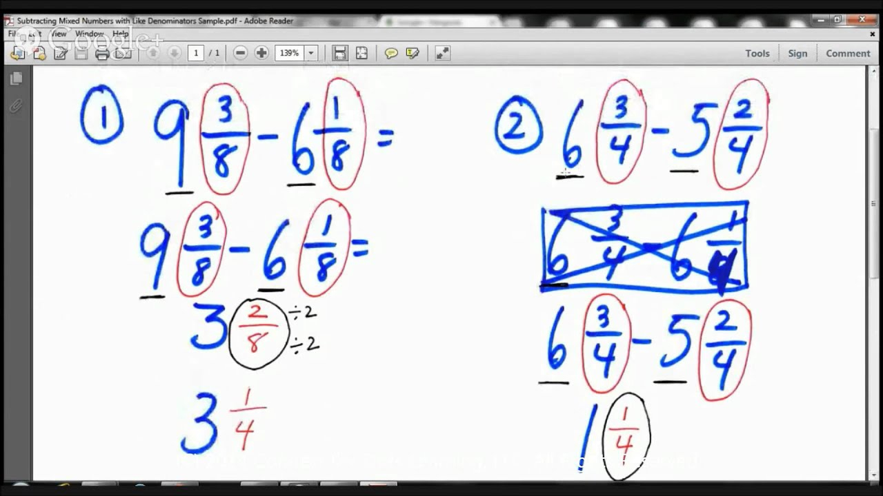 4th Grade Subtracting Mixed Numbers With Like Denominators Lesson Math 