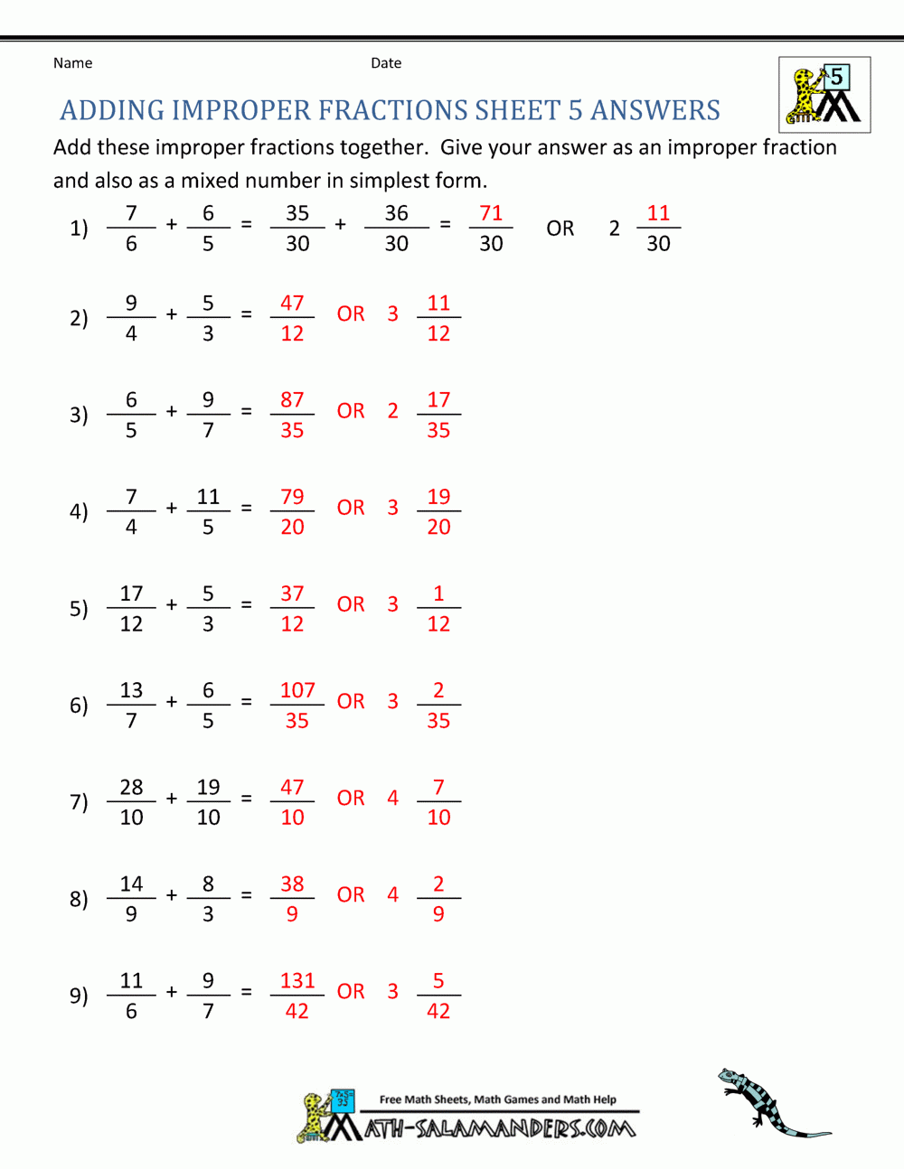Adding Improper Fractions Support Page