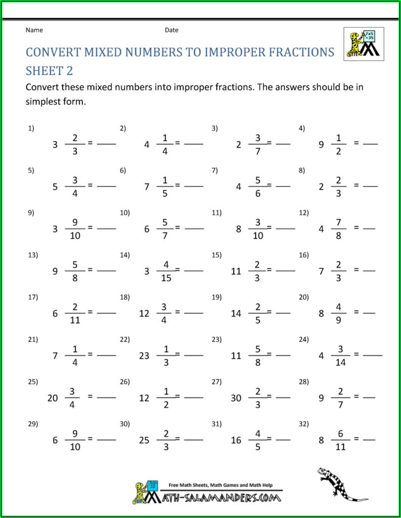 Convert Improper Fractions To Mixed Numbers Worksheet K5 Learning 