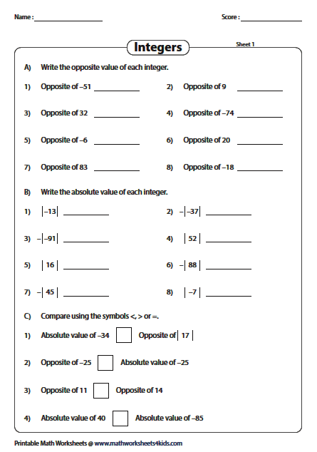 Integer Worksheets In 2020 Integers Worksheet Opposites Worksheet