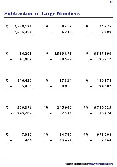 Large Numbers Subtraction Worksheets Subtraction Worksheets Math