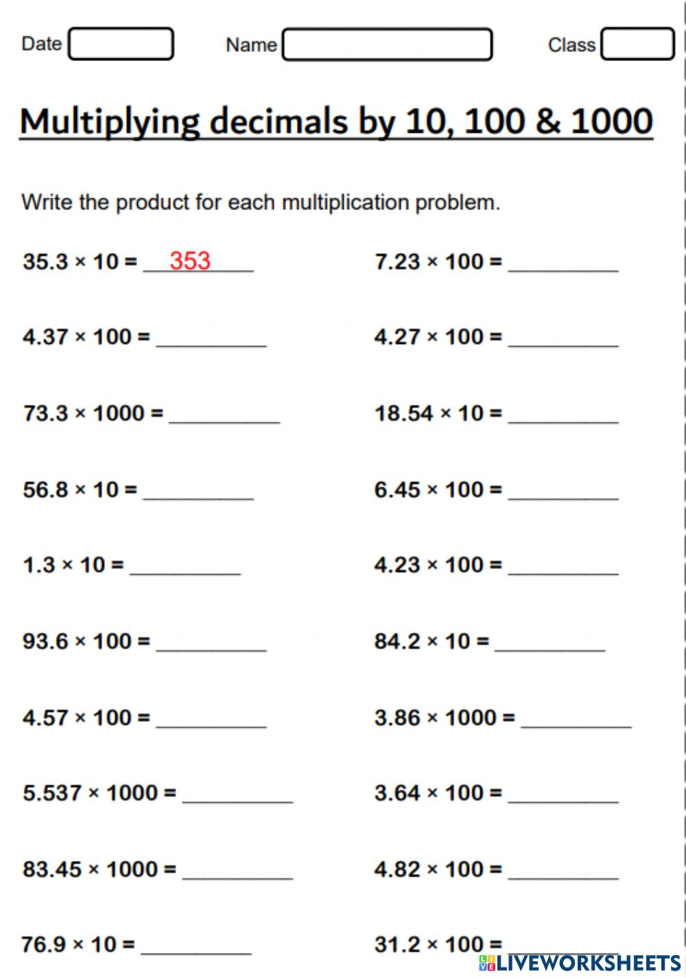 Multiply Decimals With 10 100 1000 Worksheet Multiply Decimals With 10 100 1000 Worksheet
