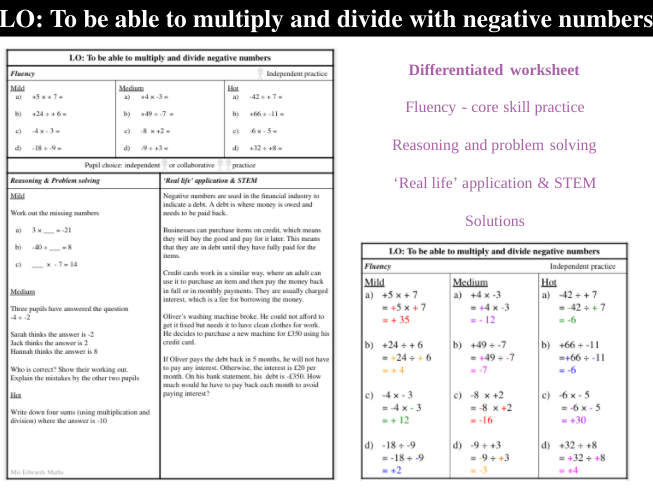 Multiplying And Dividing Negative Numbers Worksheet Teaching Resources