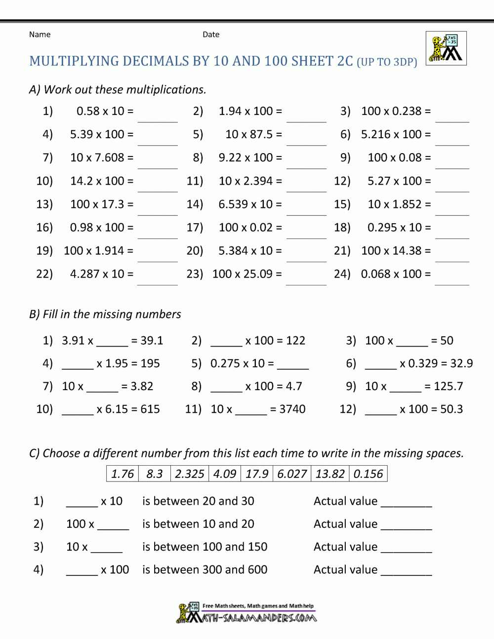 Multiplying Decimals By 10 100