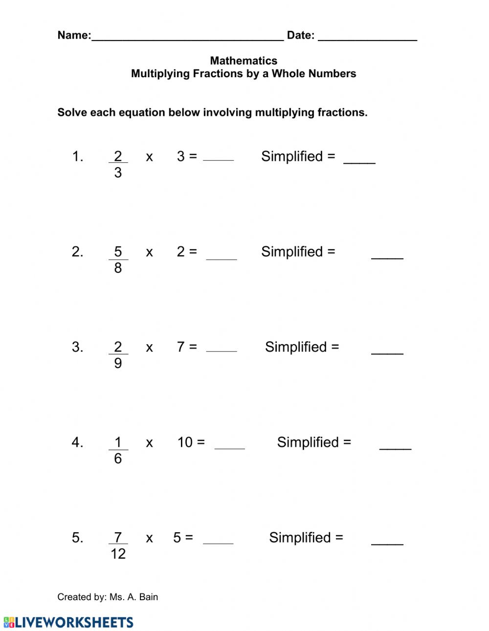 Multiplying Fractions By A Whole Number Worksheet Multiplying Fractions By A Whole Number Worksheet