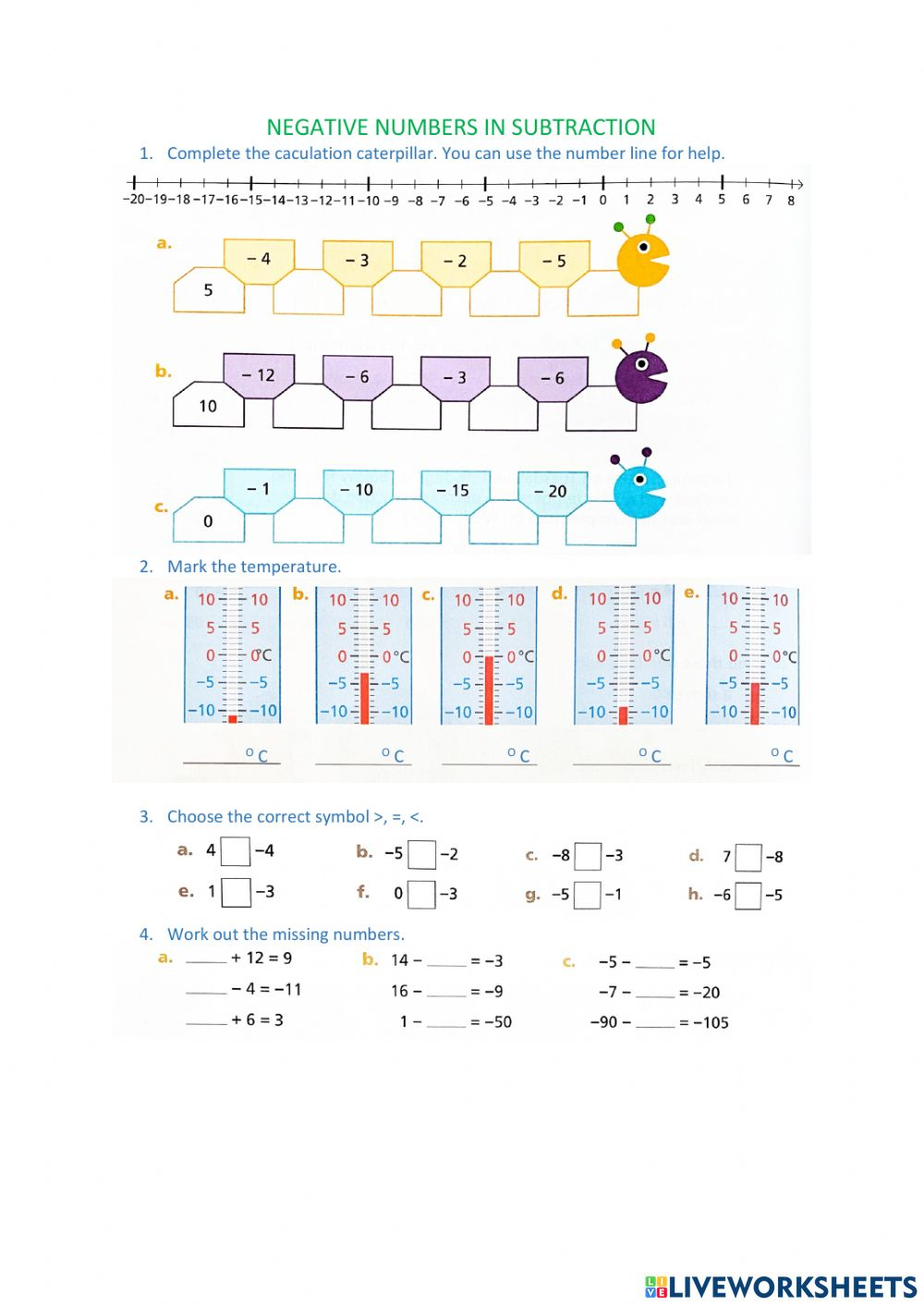 Negative Number In Subtraction Interactive Worksheet