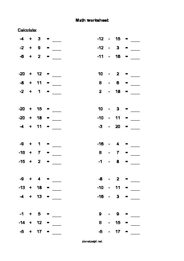 Negative Numbers Easy Worksheet Planetpsyd Negative Numbers Easy Worksheet Planetpsyd