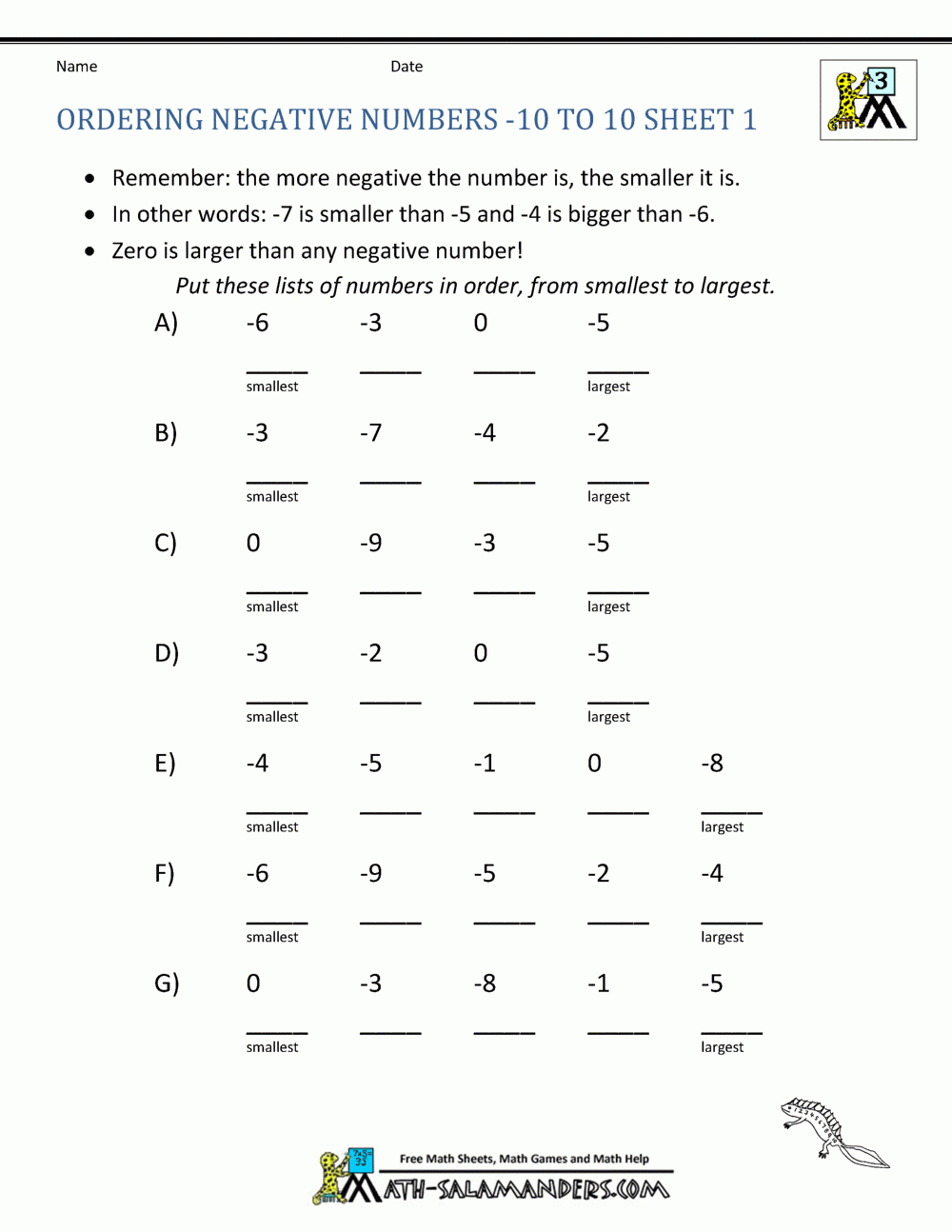 Positive And Negative Numbers Worksheets Printable Printable Worksheets