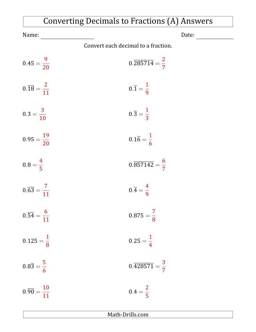 Repeating Decimals To Fractions Worksheet Printable Worksheet Template Repeating Decimals To Fractions Worksheet Printable Worksheet Template