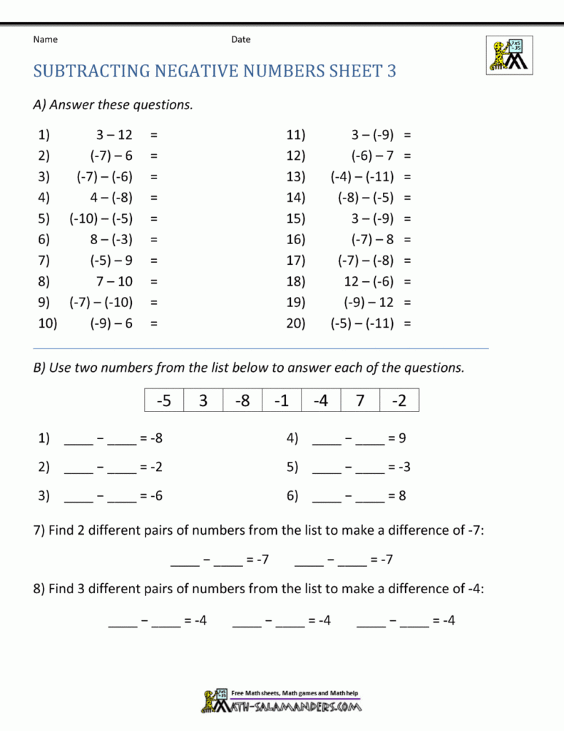 Subtracting Negative And Positive Numbers Worksheet Worksheets Free