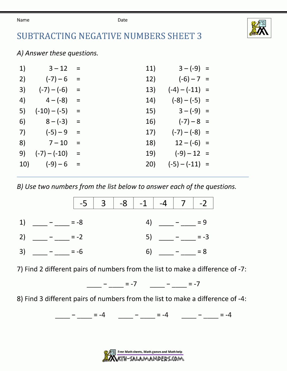 Subtracting Negative And Positive Numbers Worksheet Worksheets Free Subtracting Negative And Positive Numbers Worksheet Worksheets Free