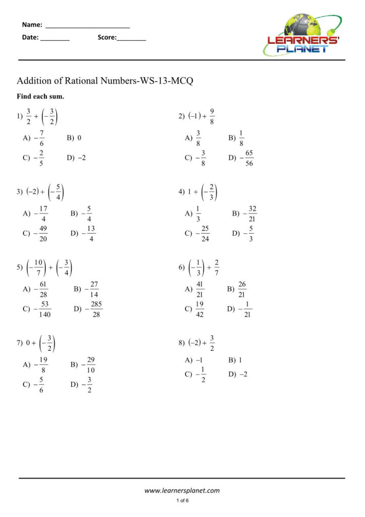 Adding Rational Numbers Worksheet