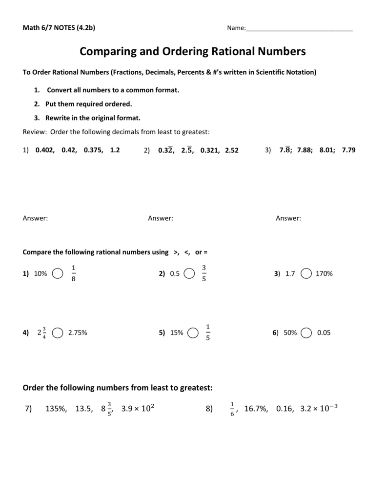 Comparing And Ordering Rational Numbers Comparing And Ordering Rational Numbers