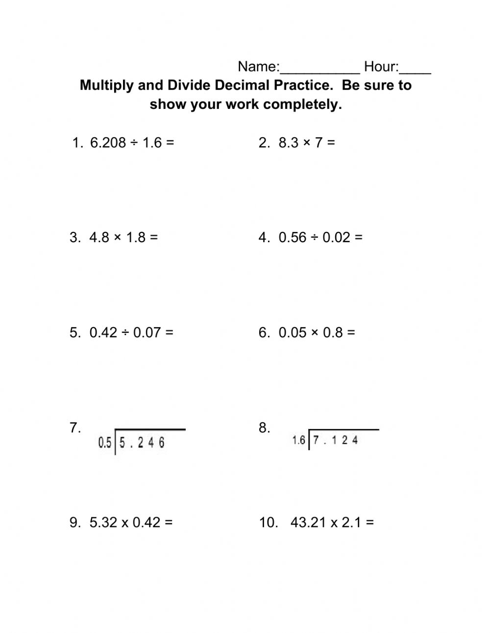 Multiply And Divide Decimals Worksheet Multiply And Divide Decimals Worksheet
