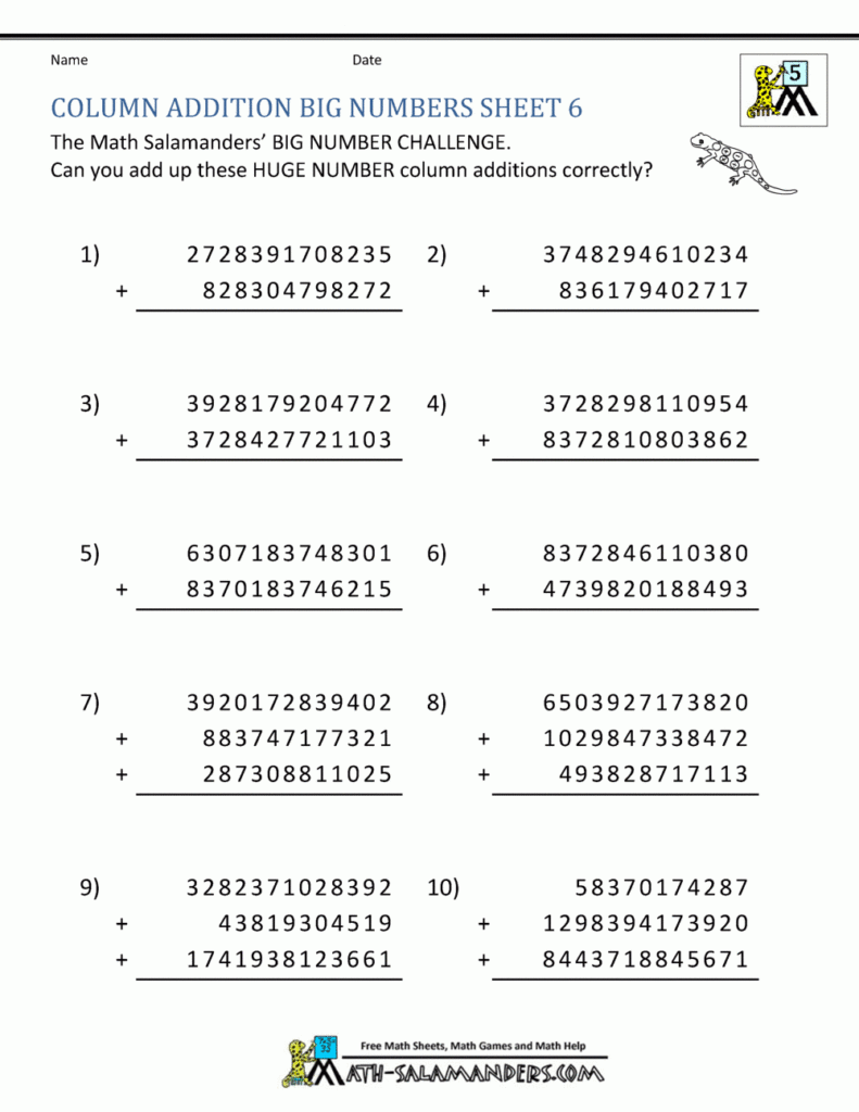 Printable Addition Worksheets 5th Grade