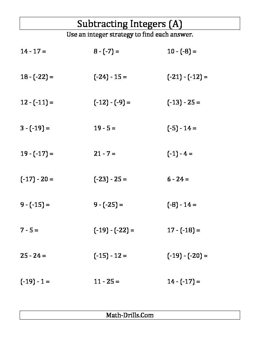 Subtracting Integers From 25 To 25 Negative Numbers In Subtracting Integers From 25 To 25 Negative Numbers In
