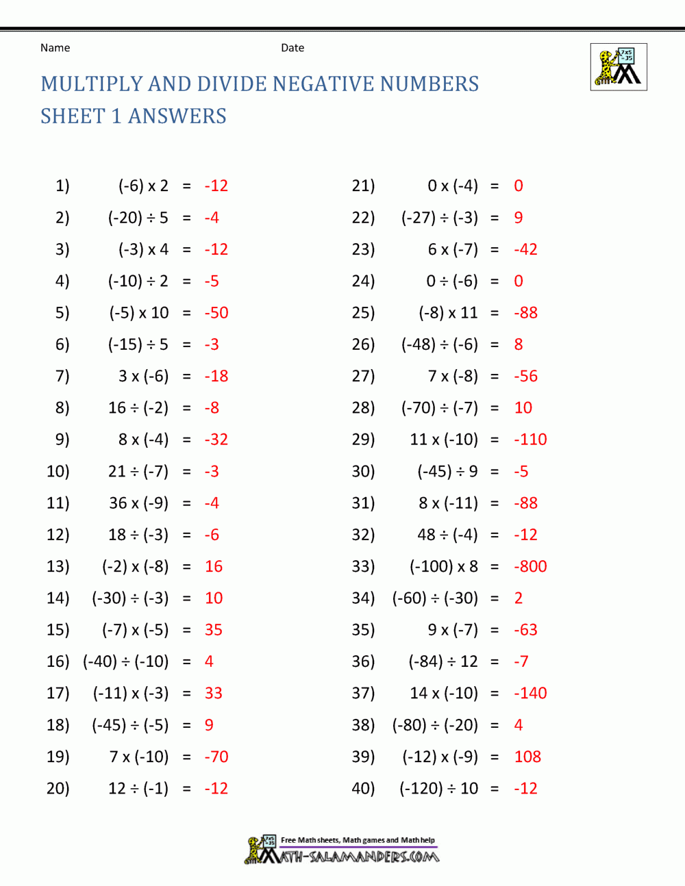 Subtracting Negative Numbers Worksheet