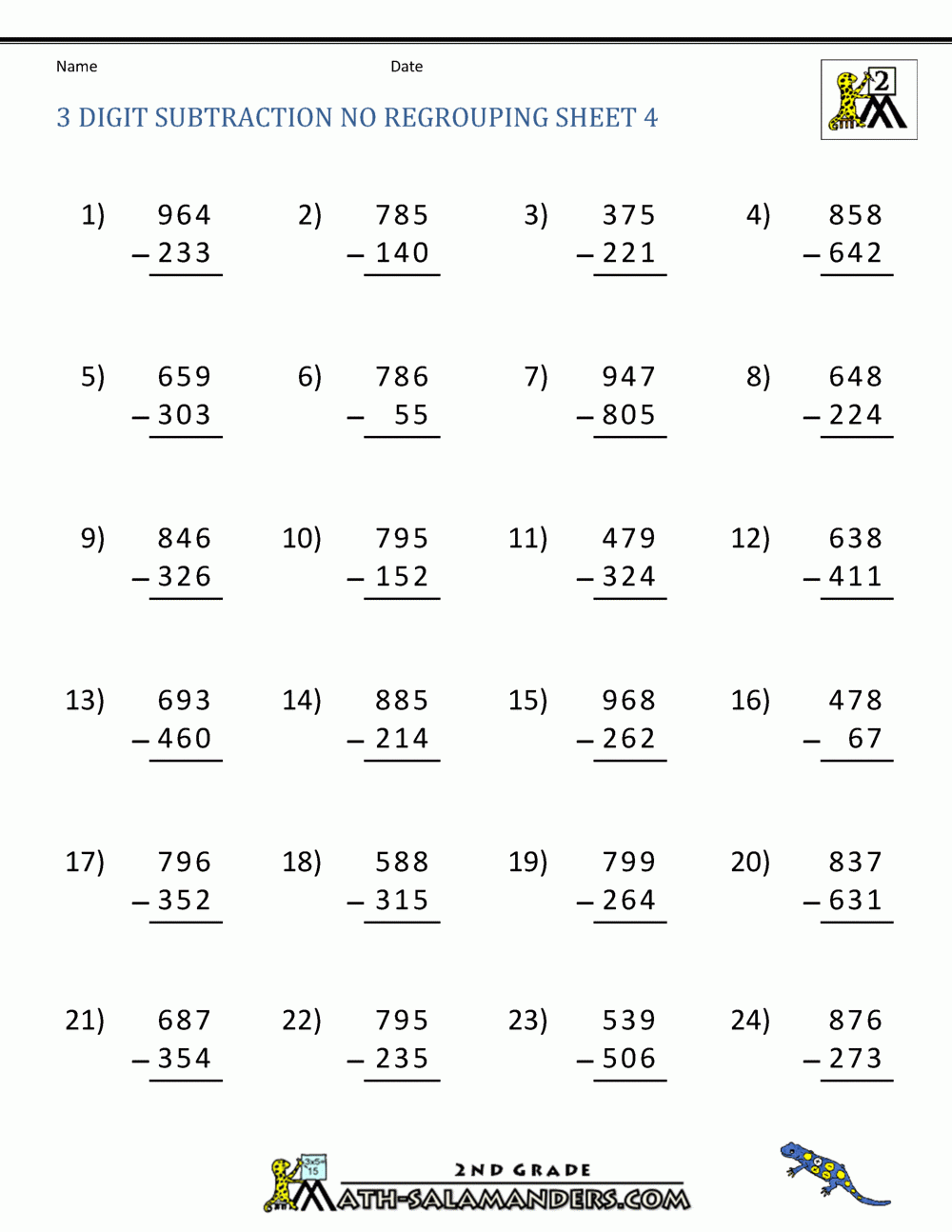 Three Digit Subtraction Without Regrouping Worksheets