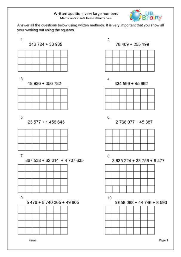 Written Addition Very Large Numbers Addition For Year 6 age 10 11 