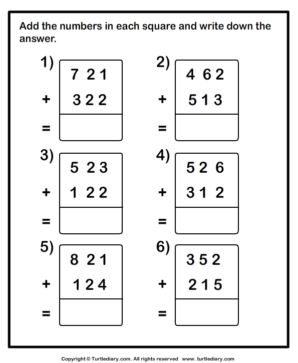 Add Two Three Digit Numbers Turtle Diary Worksheet