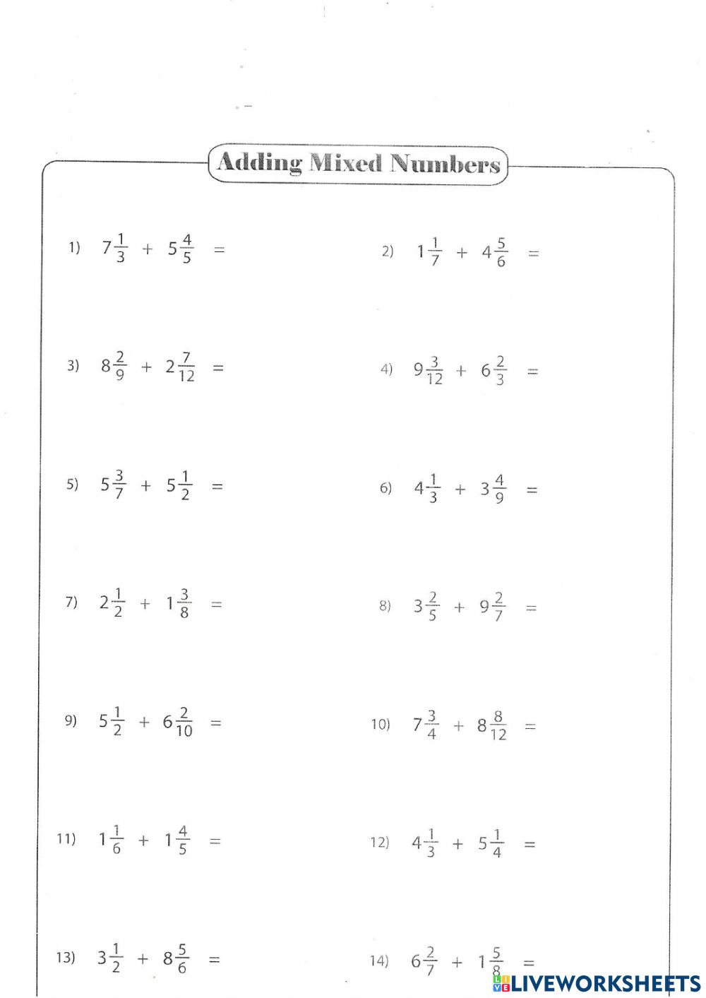 Addition Of Mixed Numbers Worksheet Addition Of Mixed Numbers Worksheet