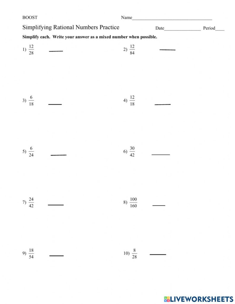 BOOST Simplifying Rational Numbers Worksheet
