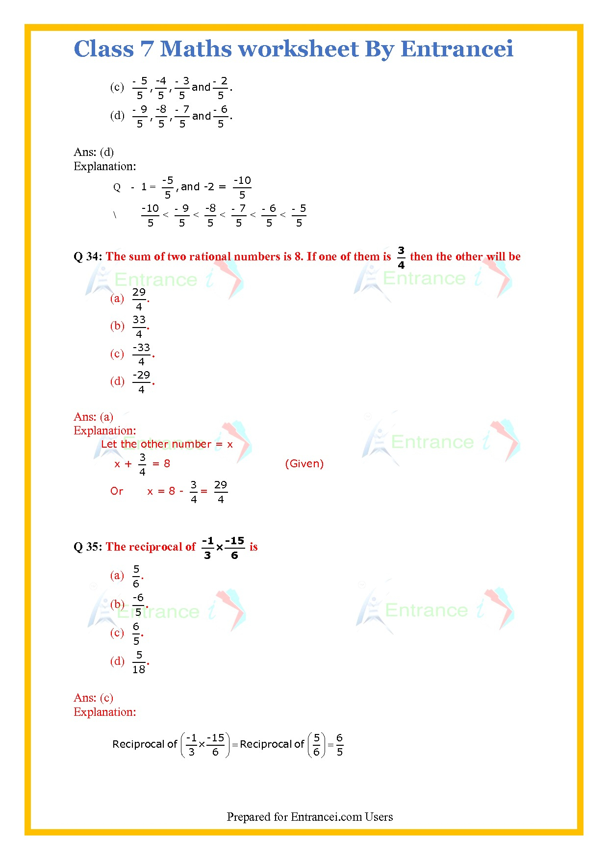 CBSE Class 7 Maths Worksheet For Chapter 9 Rational Numbers CBSE Class 7 Maths Worksheet For Chapter 9 Rational Numbers