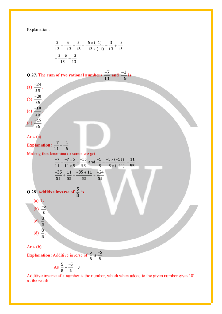 CBSE Class 7 Maths Worksheet For Chapter 9 Rational Numbers PW