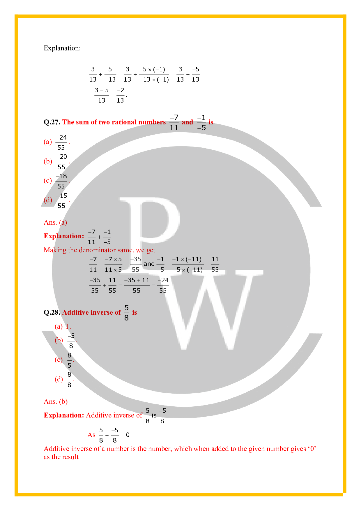 CBSE Class 7 Maths Worksheet For Chapter 9 Rational Numbers PW