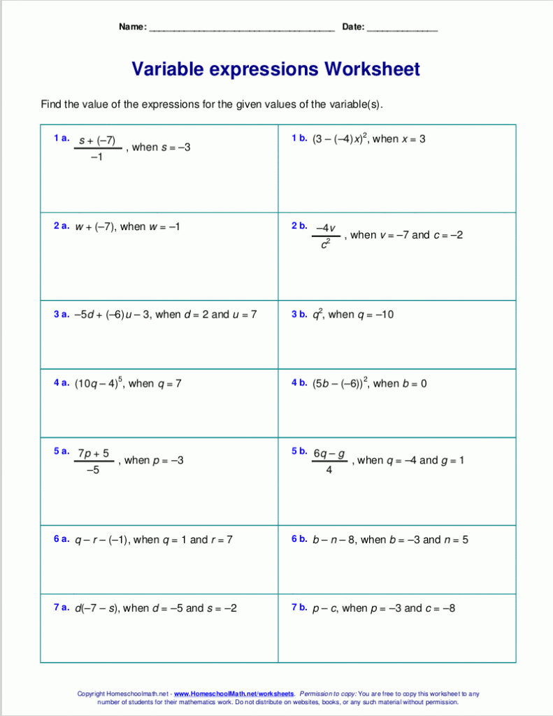 Free Worksheets For Evaluating Expressions With Variables Grades 6 8 