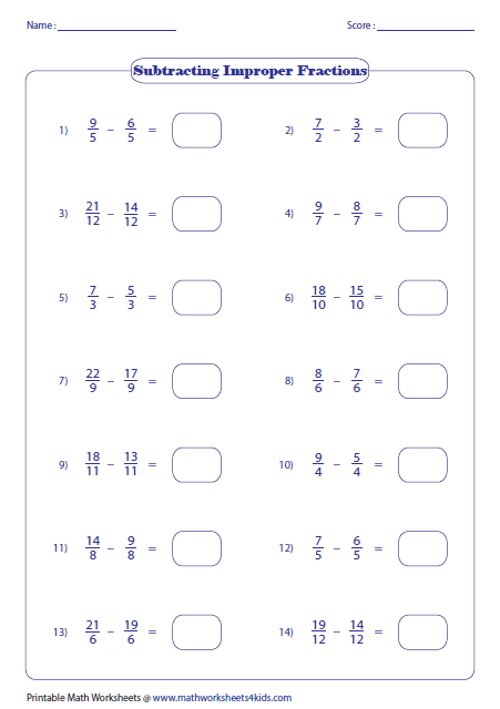 Improper Fraction Subtraction Same Denominators Fractions Worksheets