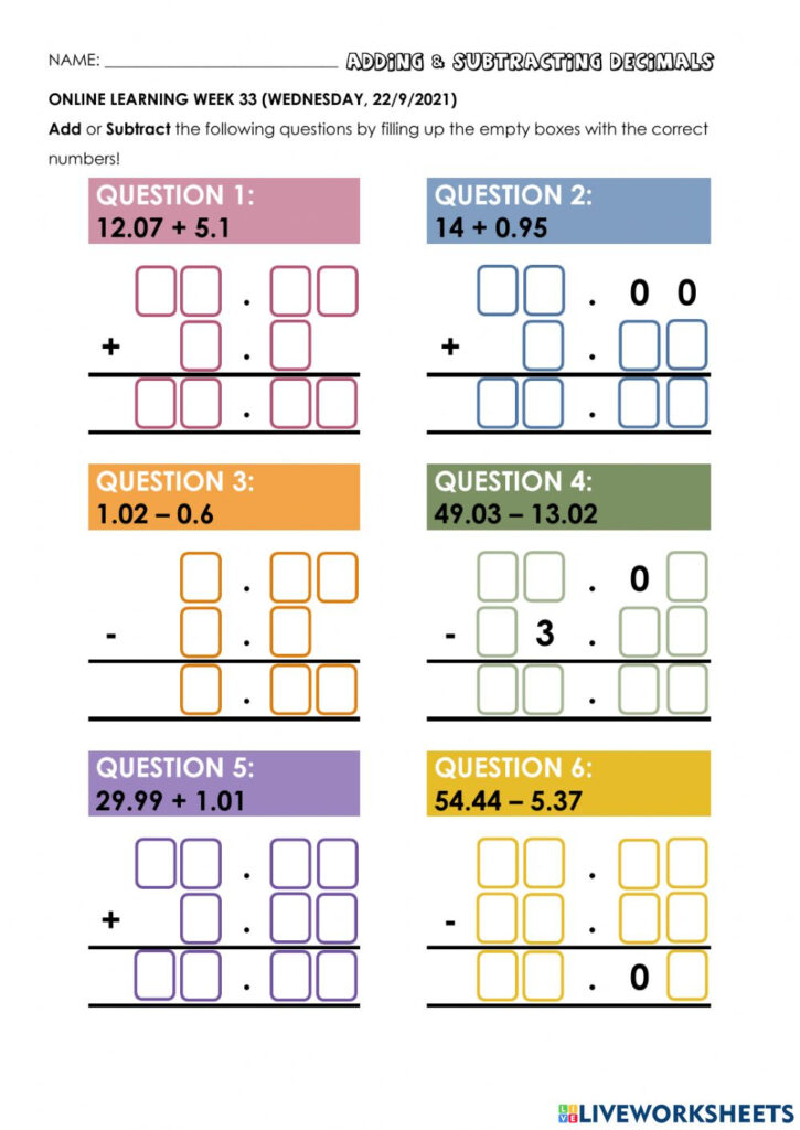 Mathematics Adding Subtracting Decimals Worksheet
