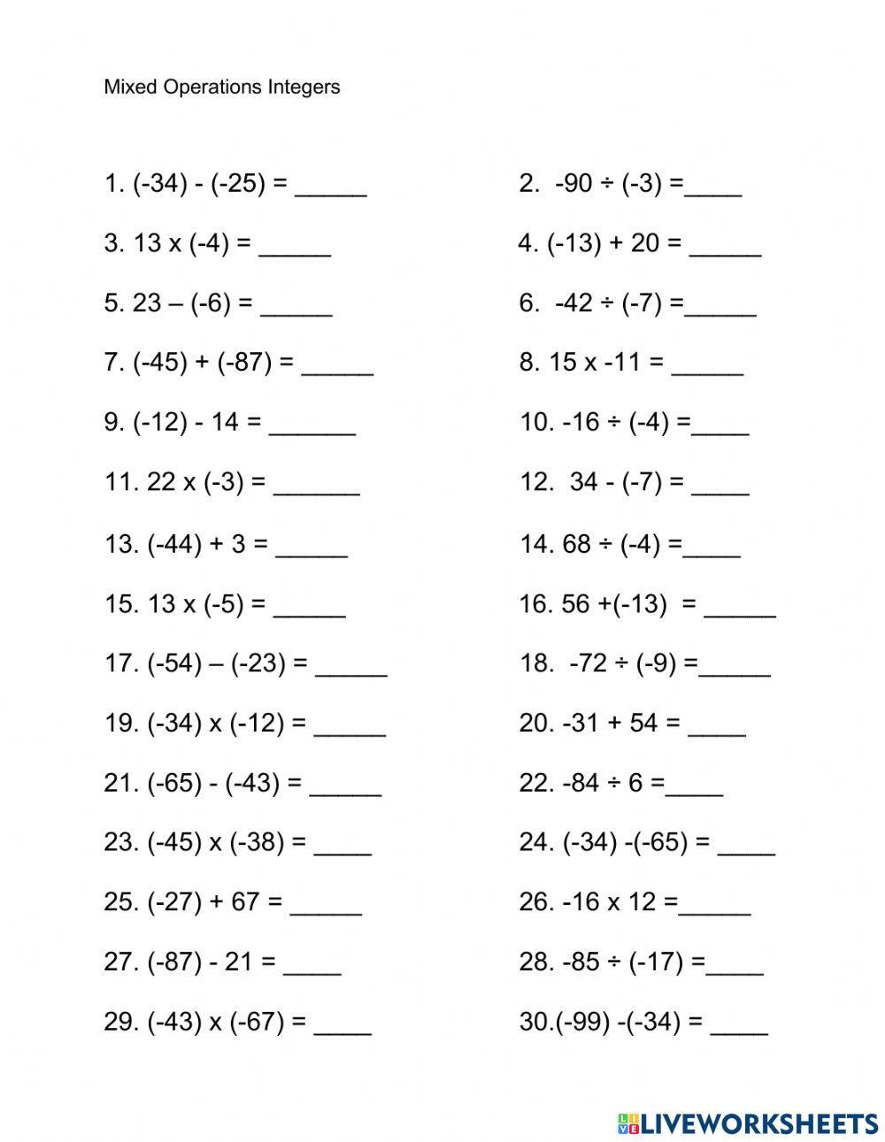 Mixed Operations Integers Worksheet Mixed Operations Integers Worksheet